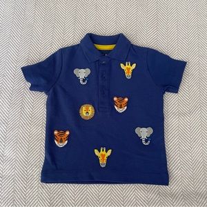 Baby Boden Blue polo with embroidered animals 3-6 months NWOT